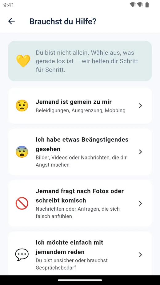 Hilfe-Funktion in der Steplet-App mit Auswahlmöglichkeiten für das Kind