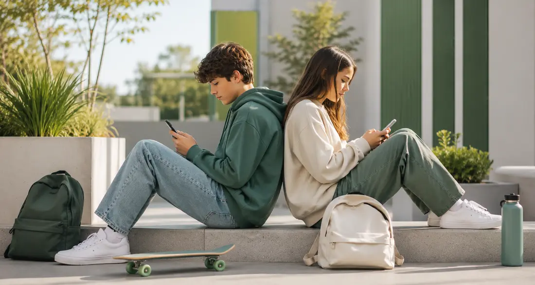 Zwei Jugendliche sitzen Rücken an Rücken draussen und schauen auf ihre Smartphones