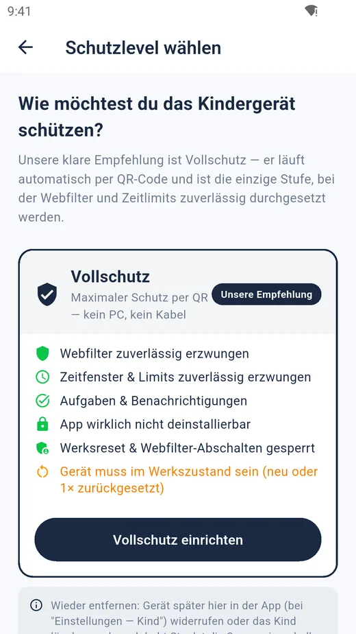 Auswahl der Schutzstufe in der Steplet-App
