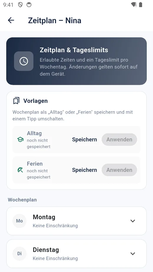 Zeitplan-Einstellungen in der Steplet-App