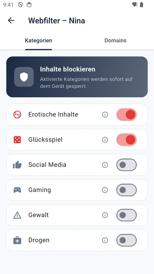 Webfilter-Kategorien in der Steplet-App