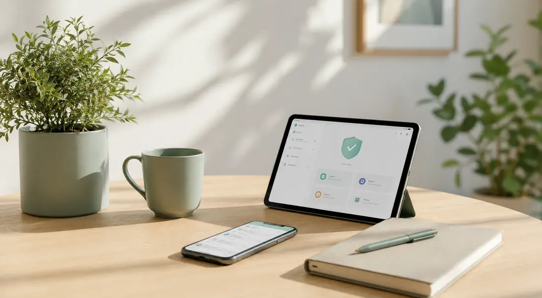 Tablet und Smartphone mit der Steplet-Oberfläche auf einem aufgeräumten Tisch