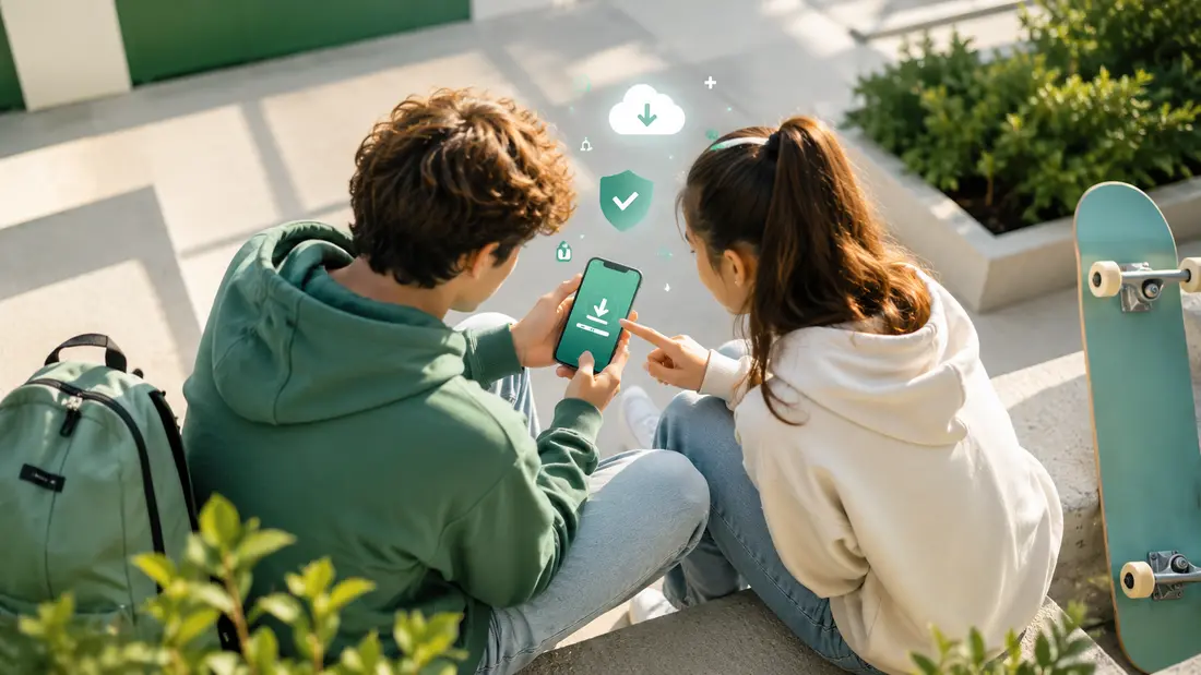 Zwei Jugendliche installieren gemeinsam eine App auf dem Smartphone