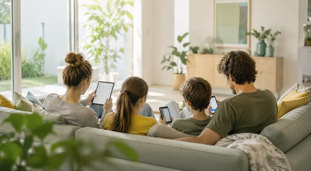 Eine Familie sitzt zusammen auf dem Sofa, jede und jeder mit dem eigenen Gerät