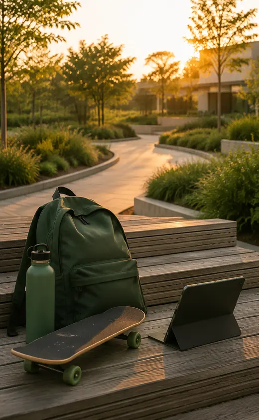 Rucksack, Trinkflasche, Skateboard und Tablet auf einer Bank im Abendlicht