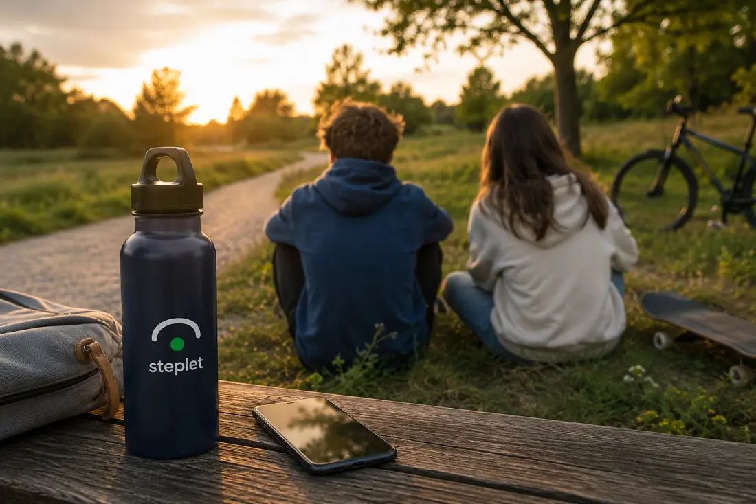 Zwei Jugendliche sitzen bei Sonnenuntergang auf einer Wiese, das Handy liegt daneben auf der Bank