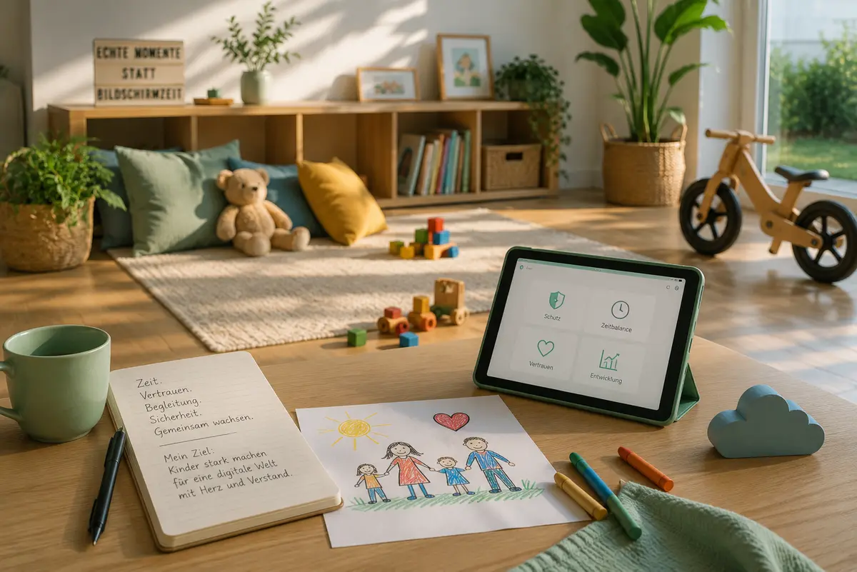 Kinderzimmer mit Spielsachen, Kinderzeichnung und einem Notizbuch mit den Worten Zeit, Vertrauen, Begleitung, Sicherheit